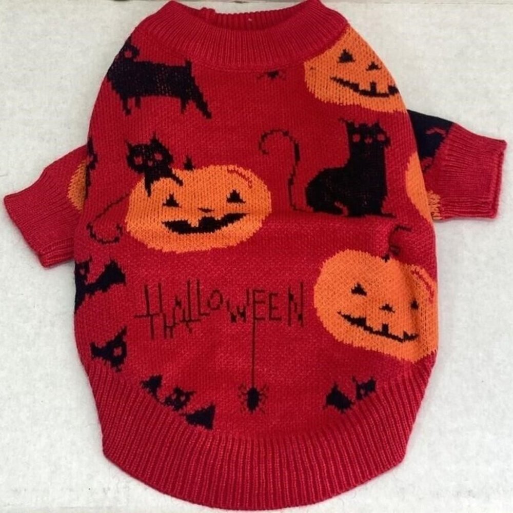 Red and Orange Pumpkin Black Cat Halloween Sweater Costume sizes Medium & Large